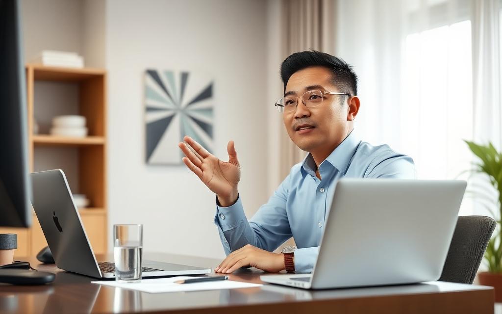 Manager practising a boardroom presentation during an online lesson