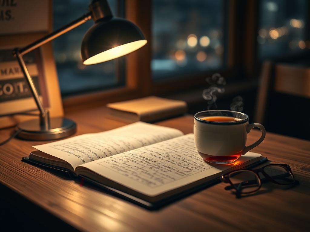 Warmly lit desk with study notes prepared for an evening online class