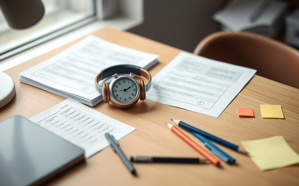 Timed IELTS mock test setup with worksheets and headphones