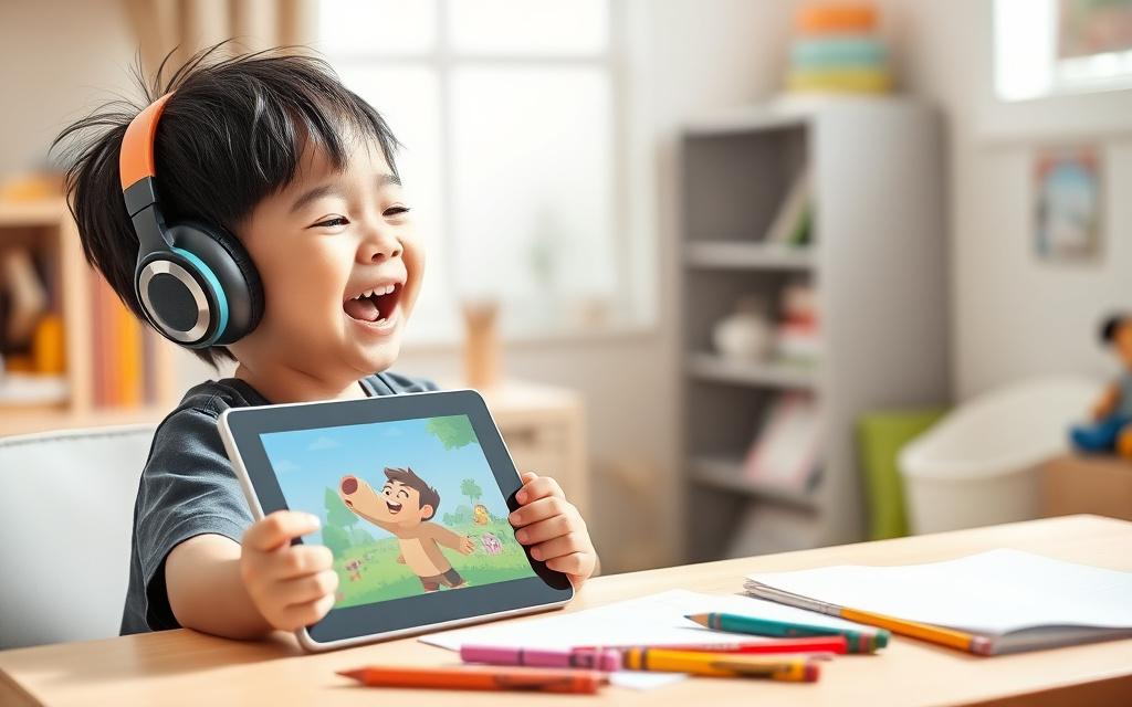Young learner reacting to an animated online English story class