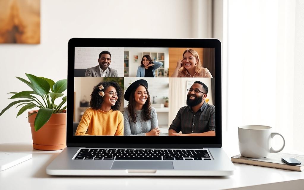 Group of adult learners in a lively online conversation class