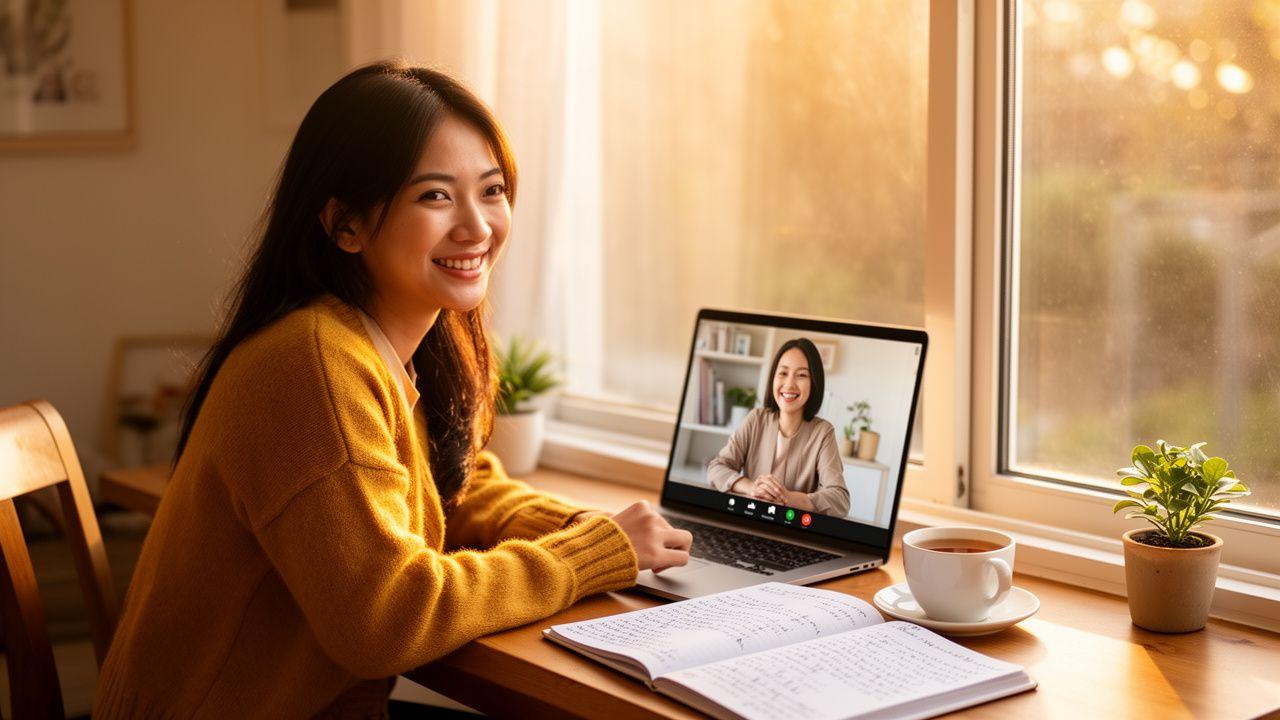Learner smiling during a live online English lesson at a sunlit desk