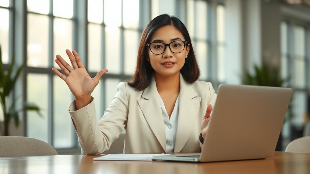Professional speaking calmly on a video call in a bright office