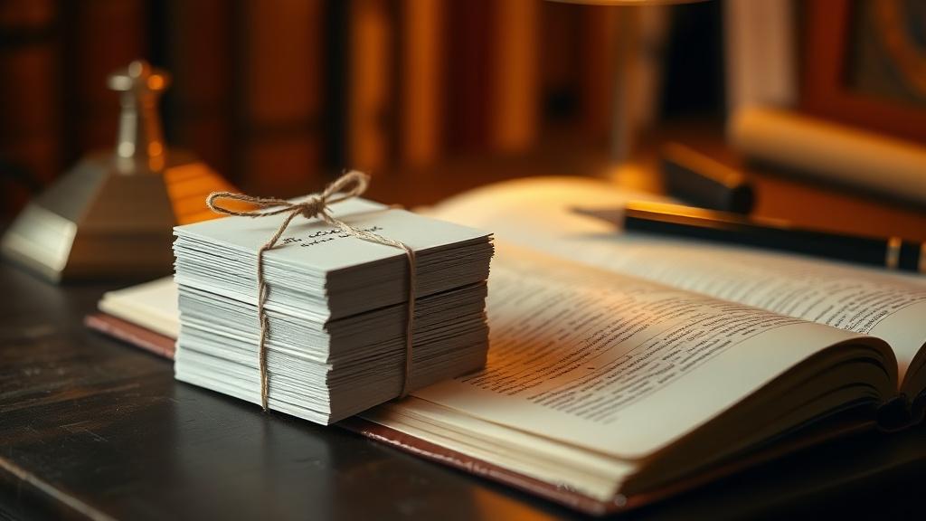 Stack of handwritten vocabulary cards beside a notebook